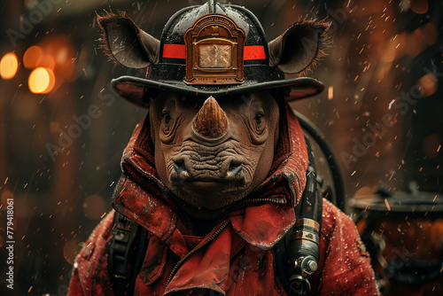 rhinoceros in a fireman's suit, the humanization of the rhinoceros. Evolutionary concept