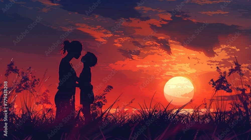 Obraz premium Silhouetted Moment of Mother and Child Embracing Against Breathtaking Sunset Landscape