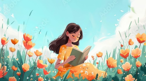 Young Woman Reading Book Amidst Blooming Tulips in Meadow