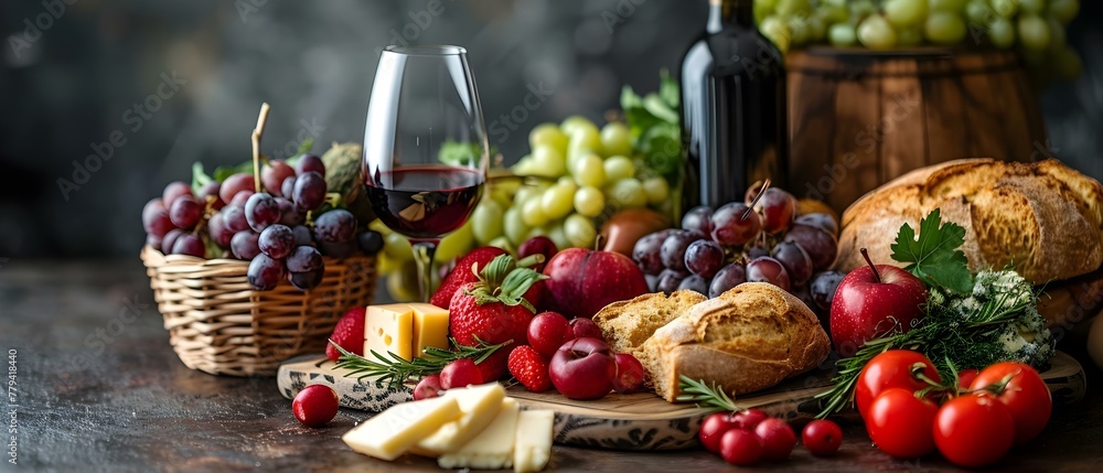 Picnic basket brimming with fruits breads pastries cheese and wine. Concept Picnic Essentials, Food Photography, Outdoor Dining, Gourmet Delights, Al Fresco Dining Picnic basket brimming with fruits breads pastries cheese and wine. Concept Picnic Essentials, Food Photography, Outdoor Dining, Gourmet Delights, Al Fresco Dining