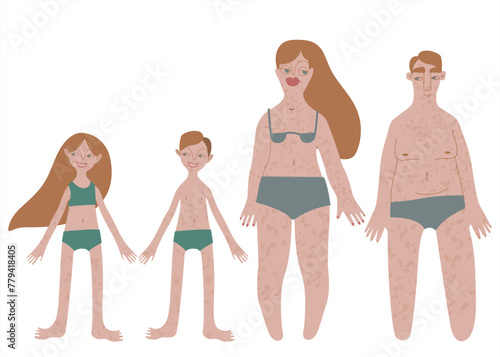 Flat Irish family: man, woman and children in underwear portraits of different shapes and sizes vector illustration set. Pale freckled skin people with ginger hair in cartoon style for multinational
