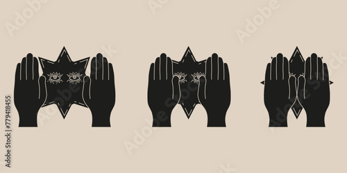 Magic Celestial Total Eclipse of the Sun design in trendy retro grunge style. The Stages of Solar Eclipse  isolated. Vector illustration can used web design template, web icon, sticker set. 