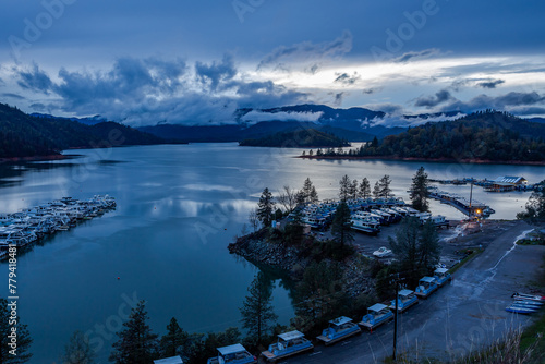 Beautiful blue light on Lake Shasta at dusk photo