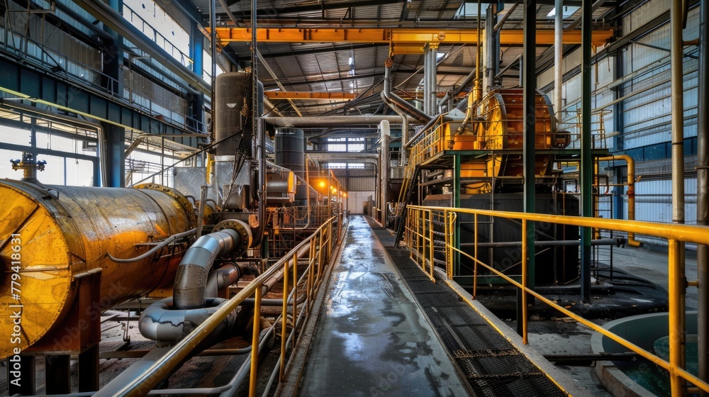 Industrial interior of an old factory with machinery and pipeline.