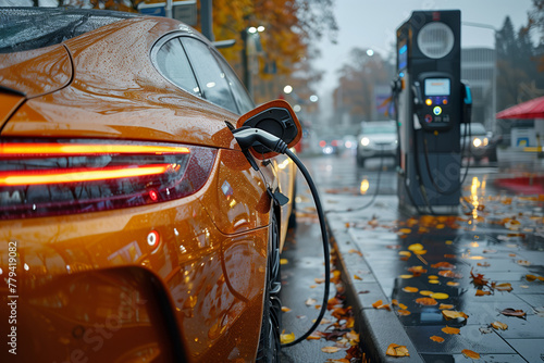 An electric vehicle is being charged at a charging station on a rainy day, with automotive lighting shining brightly through the hood of the car
