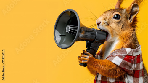 Squirrel announcing using megaphone. Notifying, warning, announcement.