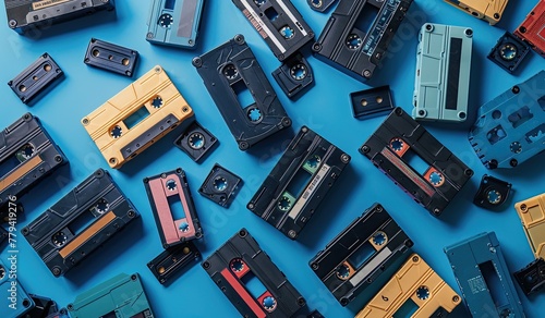 Collection of cassettes arranged on blue surface