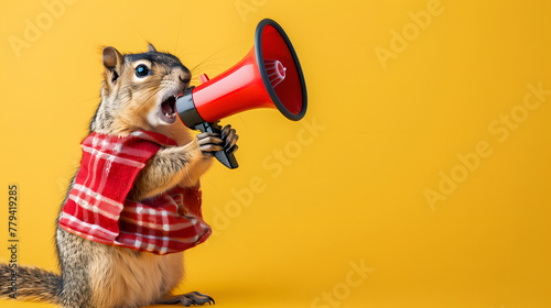 Squirrel announcing using megaphone. Notifying, warning, announcement.