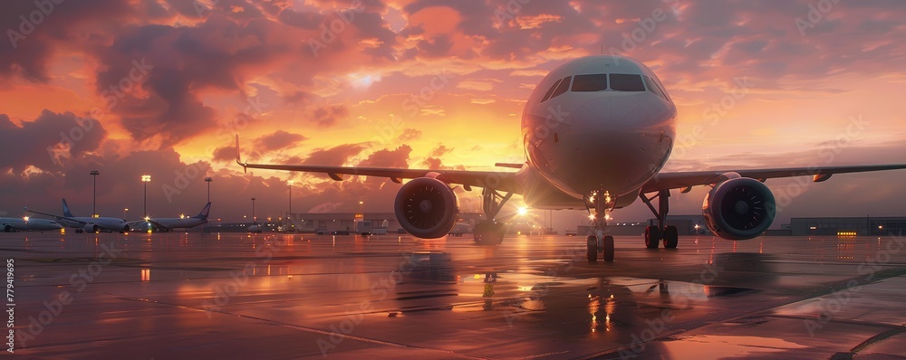 A commercial jet poised on a wet runway, bathed in the warm glow of a sunset with dramatic clouds in the background. A commercial jet poised on a wet runway, bathed in the warm glow of a sunset with dramatic clouds in the background.