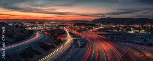 A long exposure shot of a busy highway at night showing vibrant light trails from the fast-moving cars, depicting the bustle of modern life.