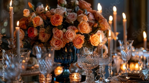 Elegant dinner setting with roses and candles, ideal for luxurious events and dining concepts.