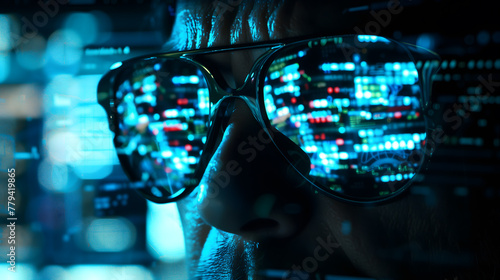 the reflection of multiple computer screens in the dark, reflective sunglasses of a hacker. The scene is set in a dimly lit room.