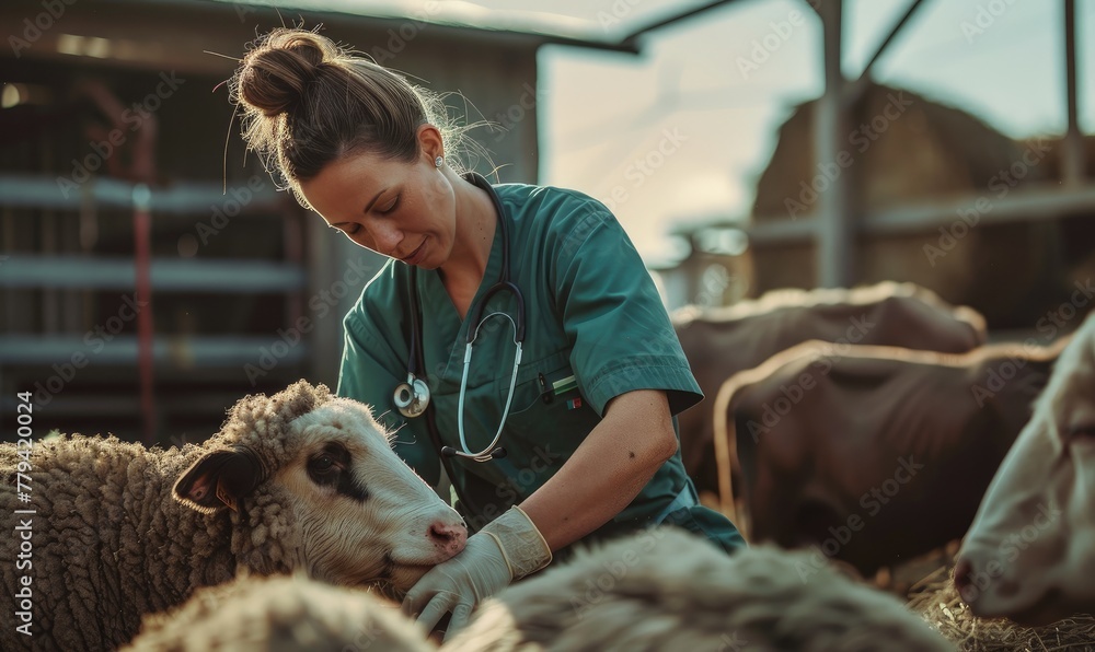 A woman veterinarian in scrubs is tending to a sheep, showcasing a moment of animal care and empathy in a rustic farm setting. A woman veterinarian in scrubs is tending to a sheep, showcasing a moment of animal care and empathy in a rustic farm setting.
