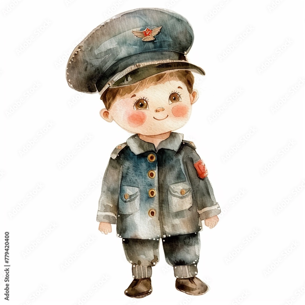 Charming boy in uniform, watercolor, isolated on white