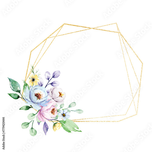 Gold frame, geometric border with watercolor flowers peonies. Hand painting floral frame with place for text. Bouquets peonies. Isolated on white background.