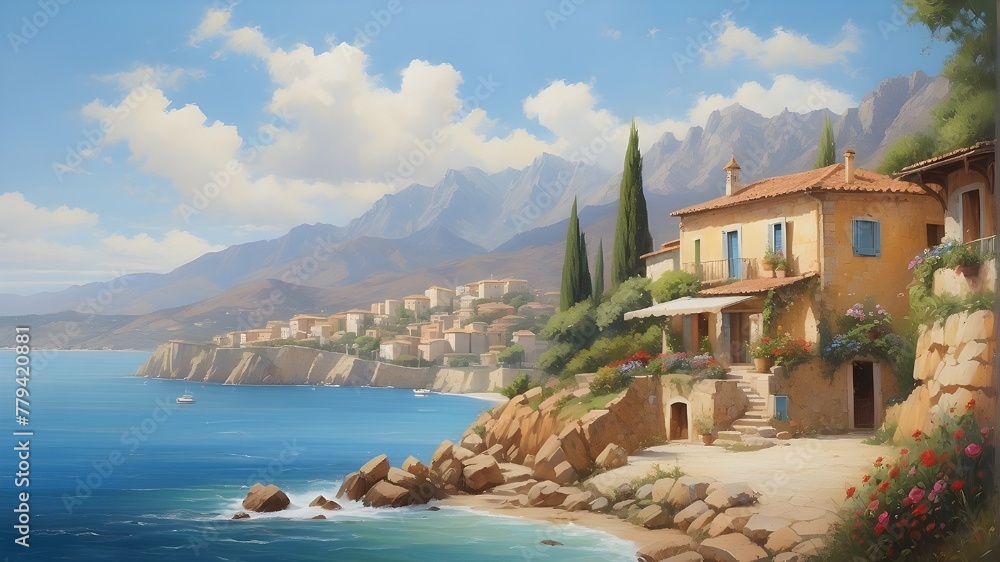 A little hamlet on the Mediterranean Sea with mountains in the backdrop and lovely summer weather is depicted in an oil painting.