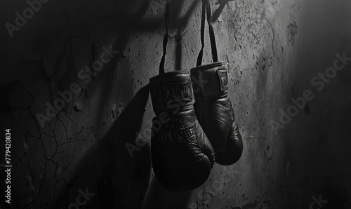 A powerful monochrome image showing a pair of worn boxing gloves symbolizing strength and combat sport.