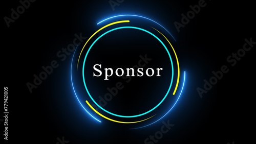 Abstract sponsor logo with neon blue and yellow circles on a black background. photo