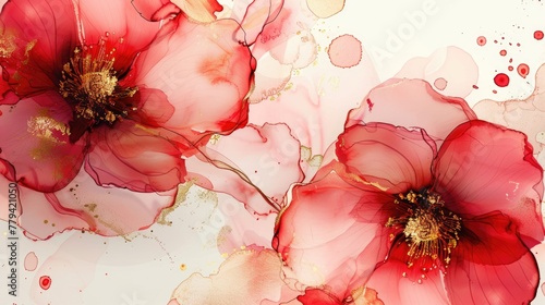 Red floral fluid art with gold accents. Abstract painting background representing blooming flowers.