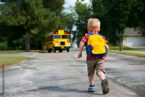 Back view of a kid with backpack running to the school bus. Back to school concept.