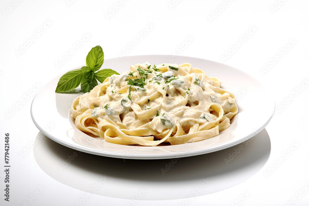 pasta with cream sauce and herbs on a plate on a white background. Generative Ai pasta with cream sauce and herbs on a plate on a white background. Generative Ai