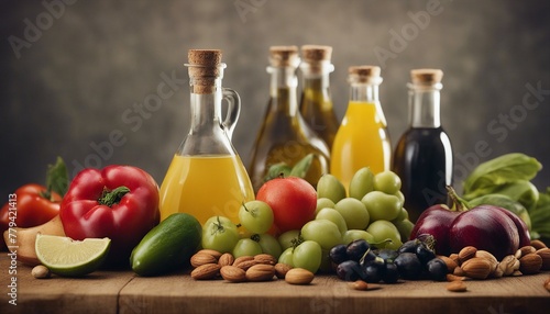 Fresh fruits, veggies, nuts, and olive oil on wood, promoting healthy eating.