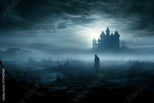 Halloween background with haunted house in the fog. Generative Ai