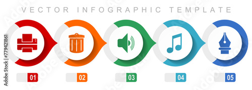 Media flat design infographic template, miscellaneous symbols such as printer, trash can, speaker, note and pen, vector icons collection