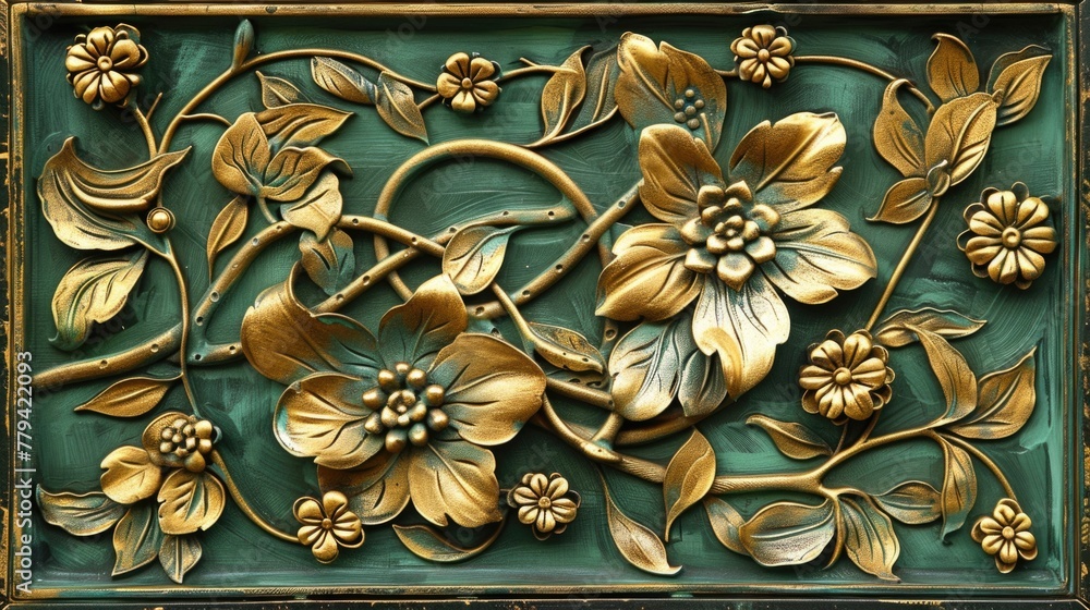 Embossed metal panel with gold flower design on a green background.