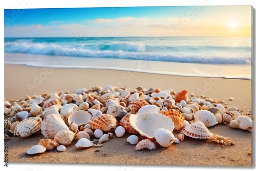 The wide ocean stretches out in the distance, and a variety of seashells are strewn across the sandy beach. A lovely sight is created as the sunshine catches the shells. 