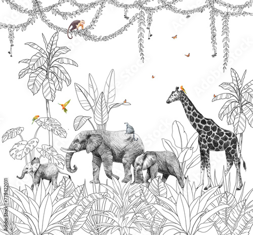 Safari Panorama Landscape Wildlife and Forest African Nature, Giraffe, Elephant, Lemur, Monkeys Realistic drawing Mural Wallpaper