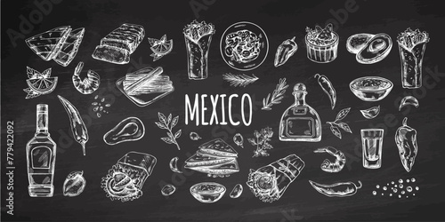 Hand-drawn set of realistic mexican elements. Vintage sketch drawings of Latin American culture. Vector ink illustration on chalkboard background. Mexican culture.