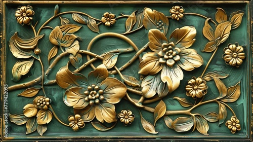 Embossed metal panel with gold flower design on a green background.