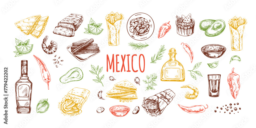 Hand-drawn colored set of realistic mexican dishes and products. Vintage sketch drawings of Latin American cuisine. Vector ink illustration. Mexican culture.