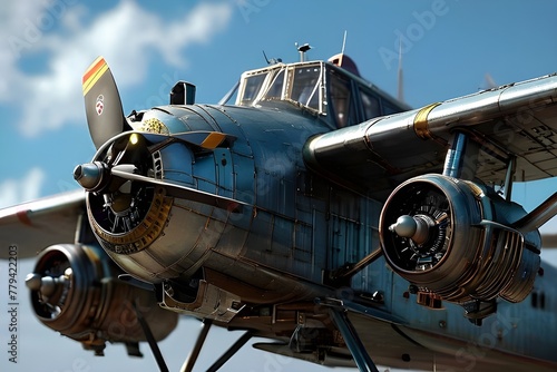 An old plane is shown in detail against a blue sky. The aircraft has a propeller on each wing and is colored silver and gold. The plane sits on top of a pedestal in front of the sky.