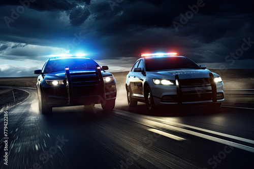 High-Speed Police Pursuit with Flashing Sirens on a Dark Highway © KirKam