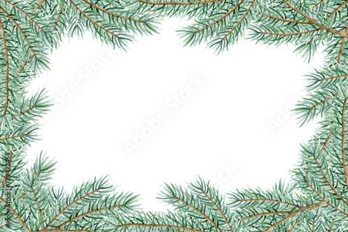 Christmas tree branches horizontal banner template with spruce of fir plant with green pine branches and copy space for text. Winter holidays greeting cards and invitations isolated on white