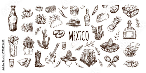 Hand-drawn set of realistic mexican elements. Vintage sketch drawings of Latin American culture. Vector ink illustration. Mexican culture. Latin America.