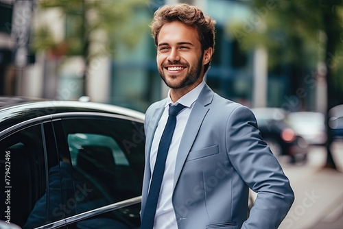 Suave Young Businessman Smiling Confidently Next to His Luxury Car in the City © KirKam