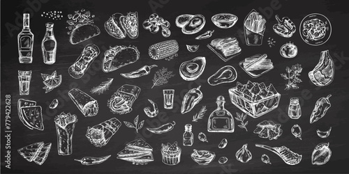 Hand-drawn set of realistic mexican dishes and products. Vintage sketch drawings of Latin American cuisine. Vector ink illustration on chalkboard background. Mexican culture.