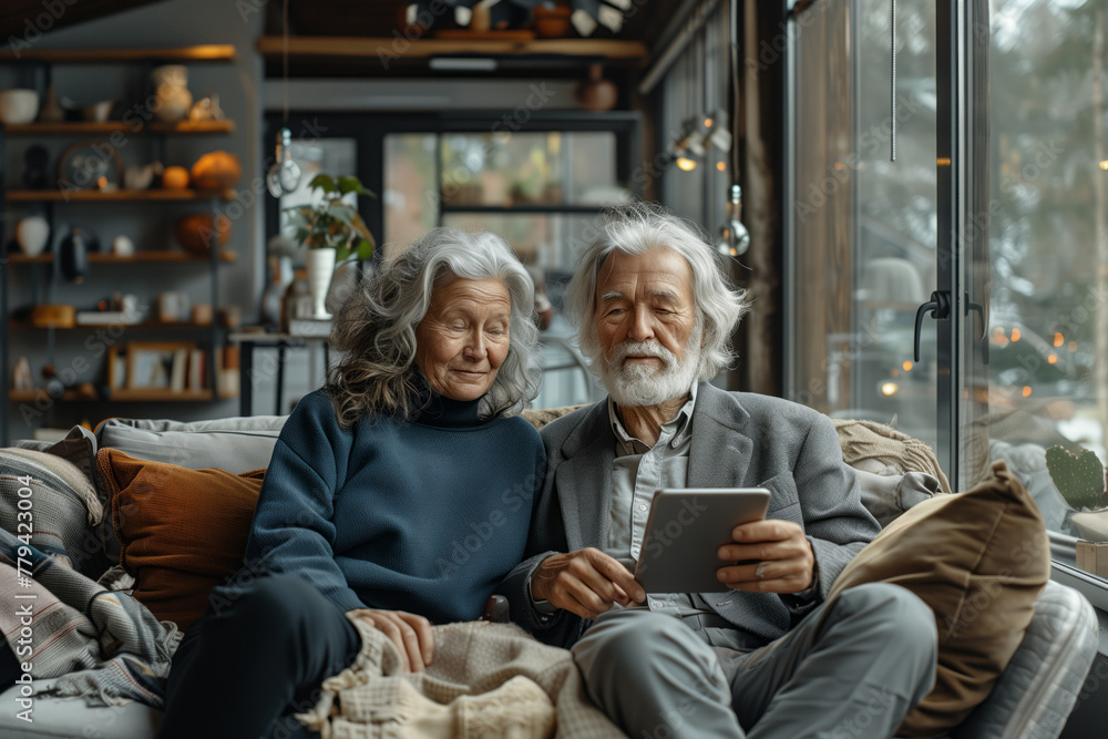 An elderly couple is comfortably sitting on a couch in their community building, sharing and looking at a tablet. It seems like a leisurely event for them to enjoy together