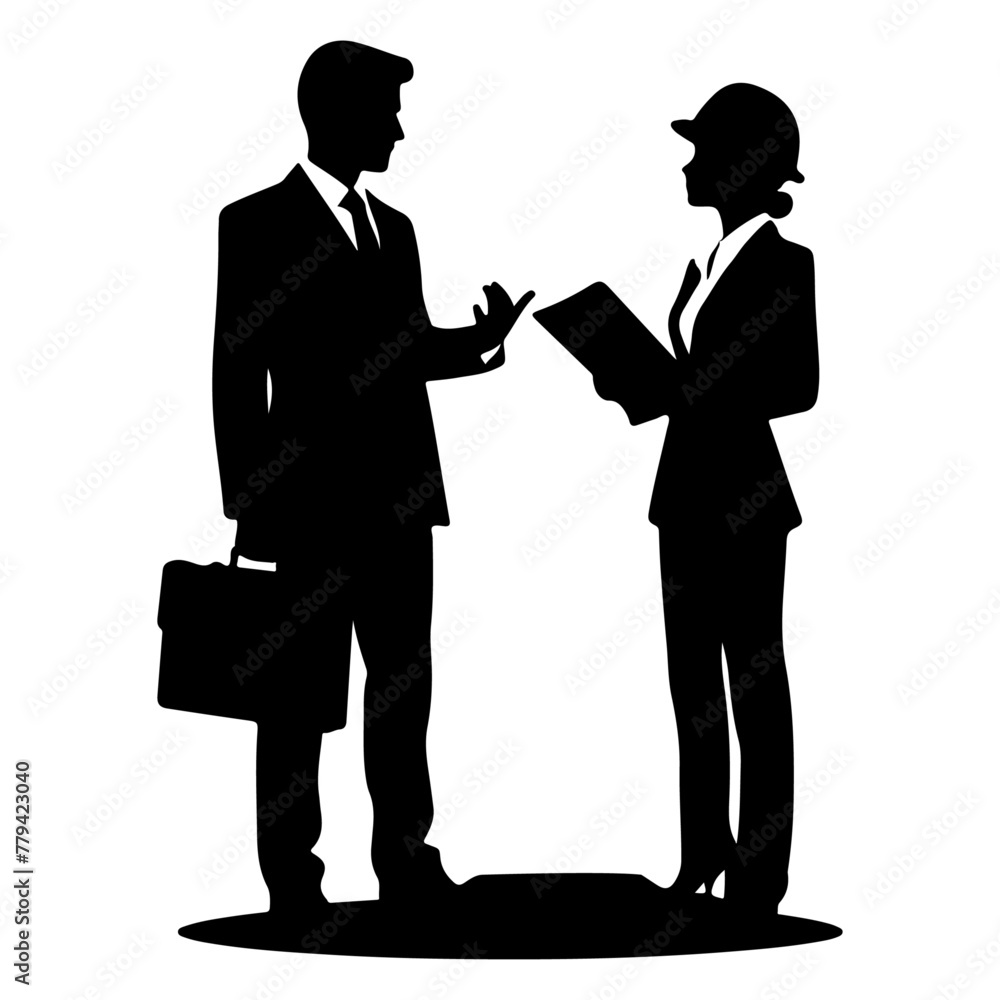 engineer and male architect discuss and look at blueprints at construction site vector silhouette black color-16