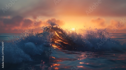 A wave breaking at dawn, its spray illuminated by the first light of day
