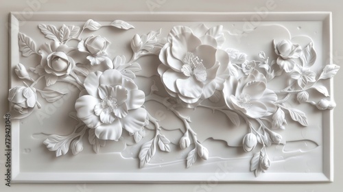 White bas-relief of flowers on framed panel. 3D wall art and floral design concept.