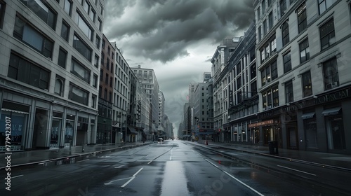 Dramatic Cityscape with Ominous Clouds and Deserted Street in Urban Downtown