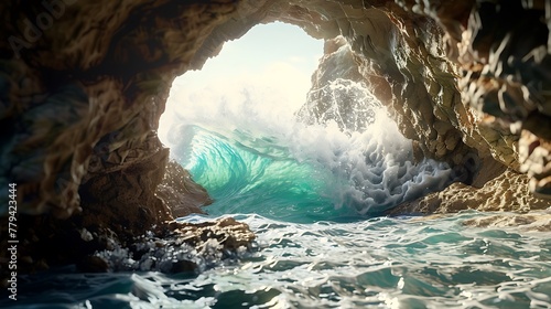 A wave crashing into a sea cave, the force of nature carving the landscape