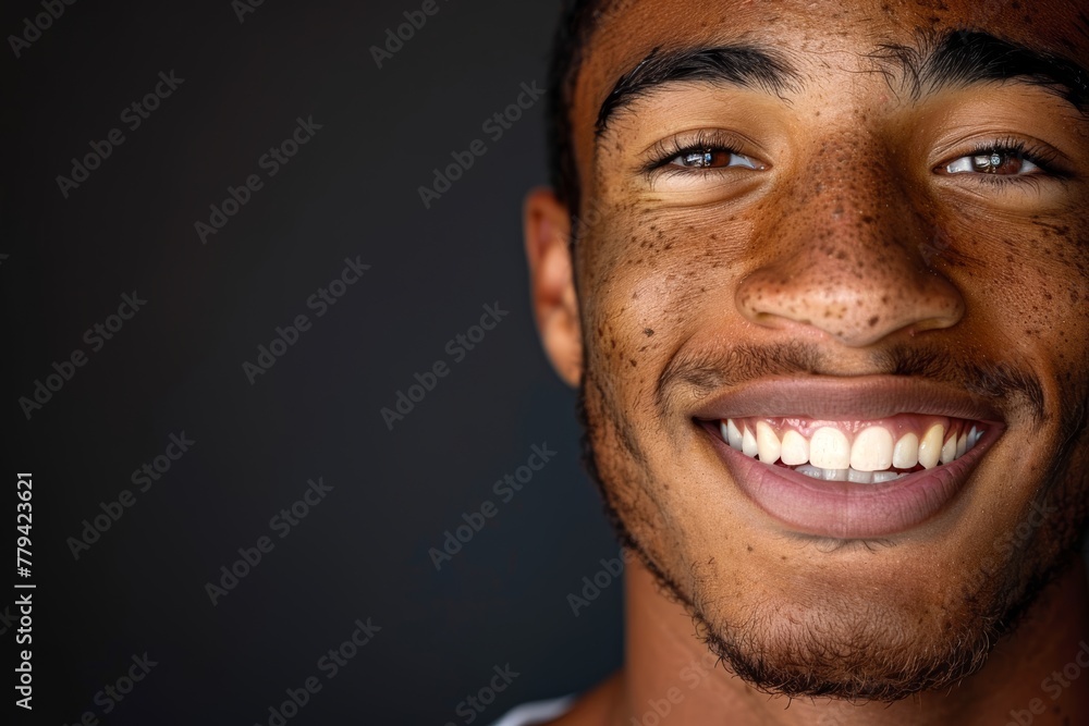 Fototapeta premium A young man with vitiligo on his lip, his radiant smile is accentuated by the depigmented patches, adding to his charm