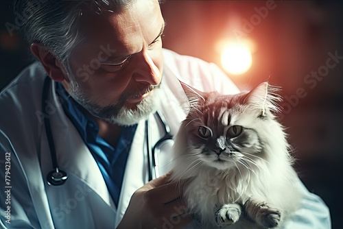 Veterinarian caring for a beautiful long-haired cat, pet healthcare concept.