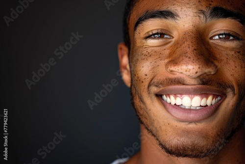 A young man with vitiligo on his lip, his radiant smile is accentuated by the depigmented patches, adding to his charm photo