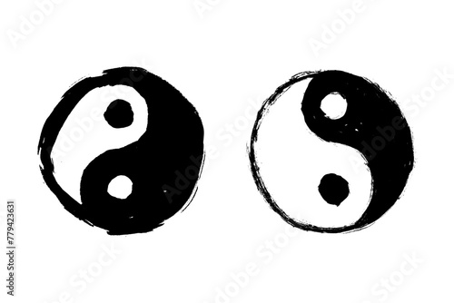 Yang yin circle symbol, vector grunge chinese sketch. Hand drawn taoism icon